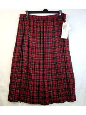 Vintage 80s Jantzen Pleated Tartan Plaid Midi Skirt 8P Red Black Country Cottage